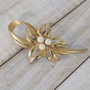 Vintage Faux Pearl Rhinestone Brooch Gold Tone Ribbon Floral